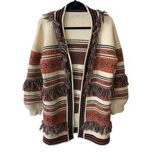 Saints & Hearts brown tan black boho fringe open front duster cardigan, size S/M